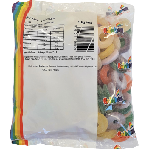 Rainbow Confectionery Fruit Rings 1kg Bulk Bag