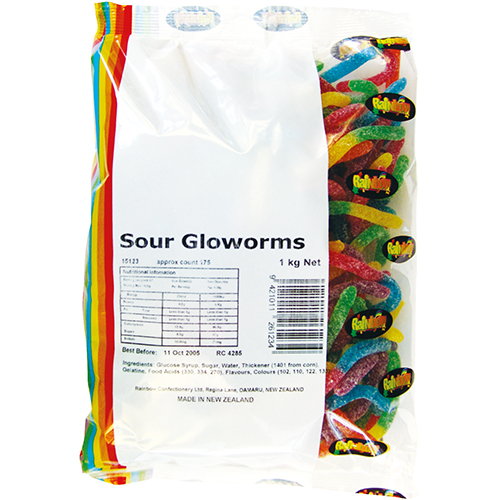 Rainbow Confectionery Sour Gloworms 1kg Bulk Bag